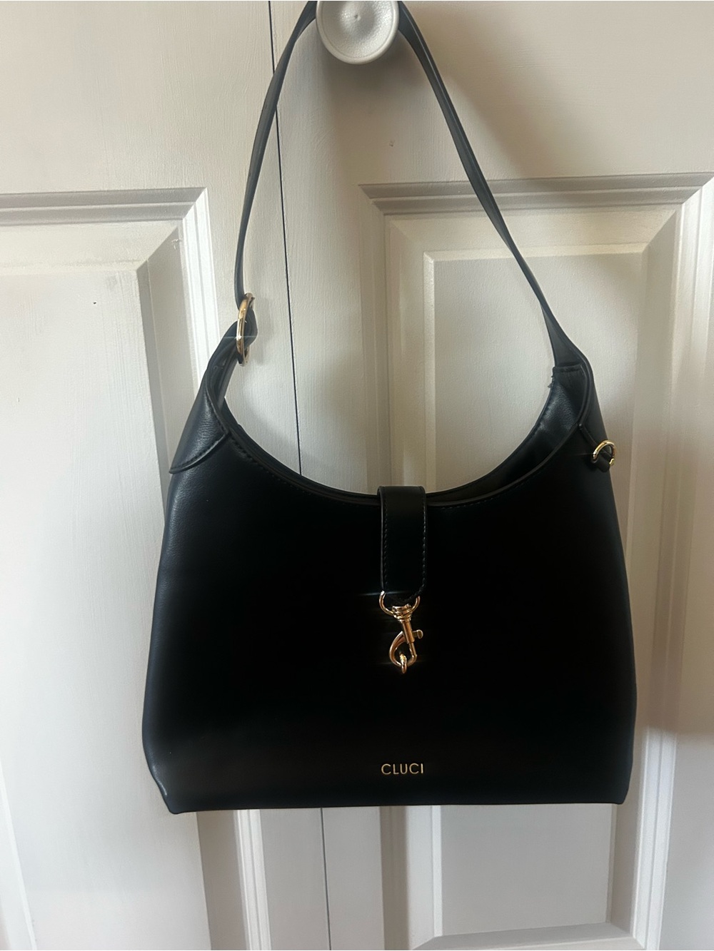 Black Leather Shoulder Bag with Gold Hardware